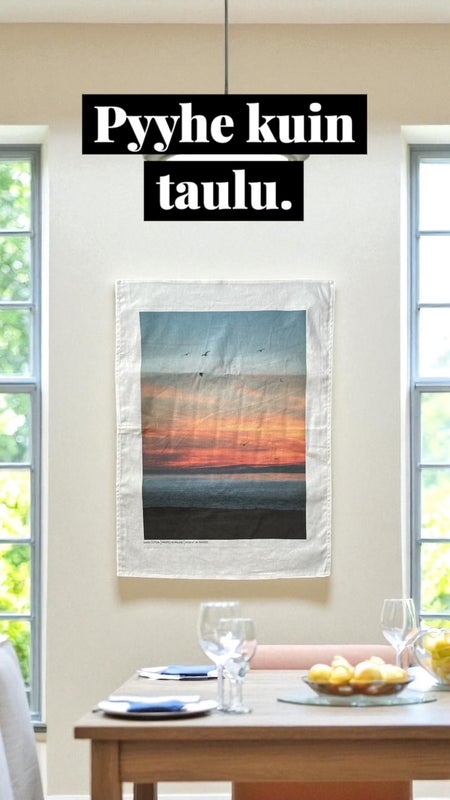 Auringonlasku pellavapuuvillapyyhe kuin taulu